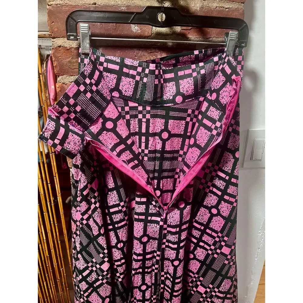 Bright Pink and Green Ankara African Wax Print Pleated Maxi Skirt with Waist Tie
